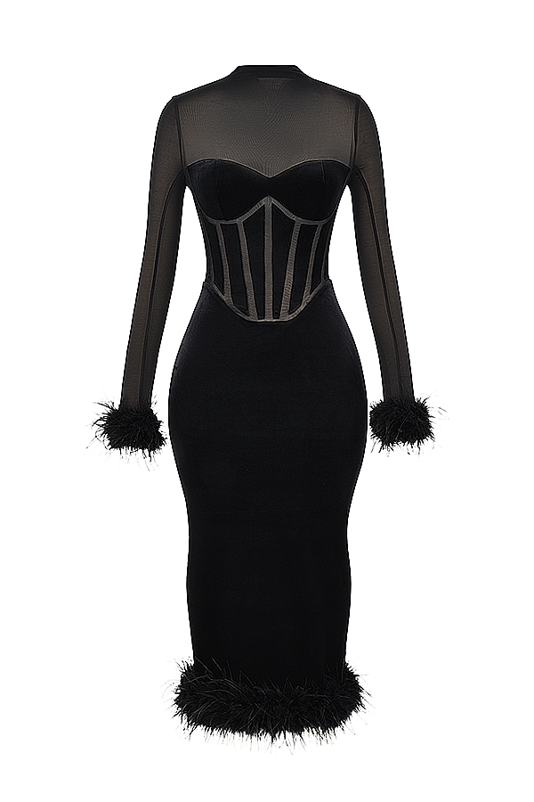 schwarzes samt-midikleid