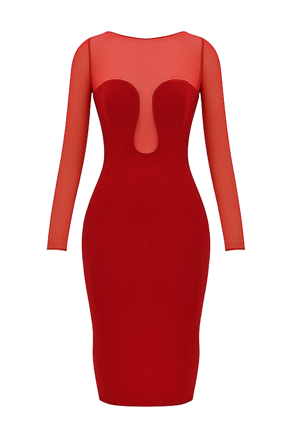 scharlachrotes midikleid mit tiefem ausschnitt