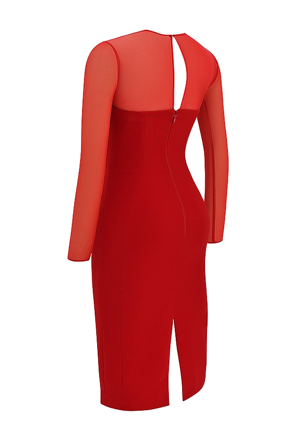 scharlachrotes midikleid mit tiefem ausschnitt