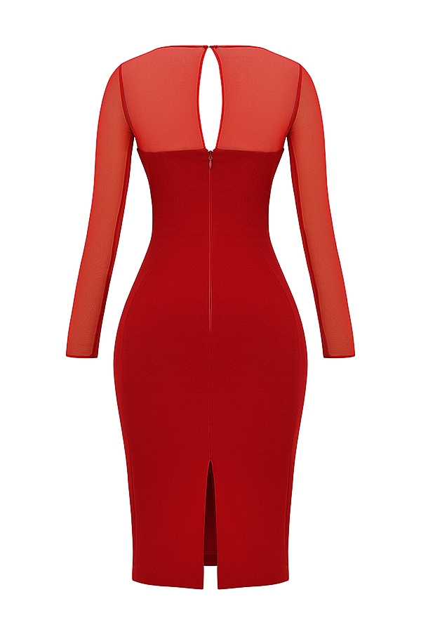 scharlachrotes midikleid mit tiefem ausschnitt