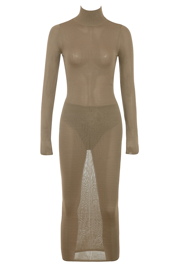 beigefarbenes strick-midikleid
