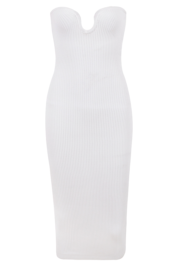 weißes geripptes trägerloses midikleid