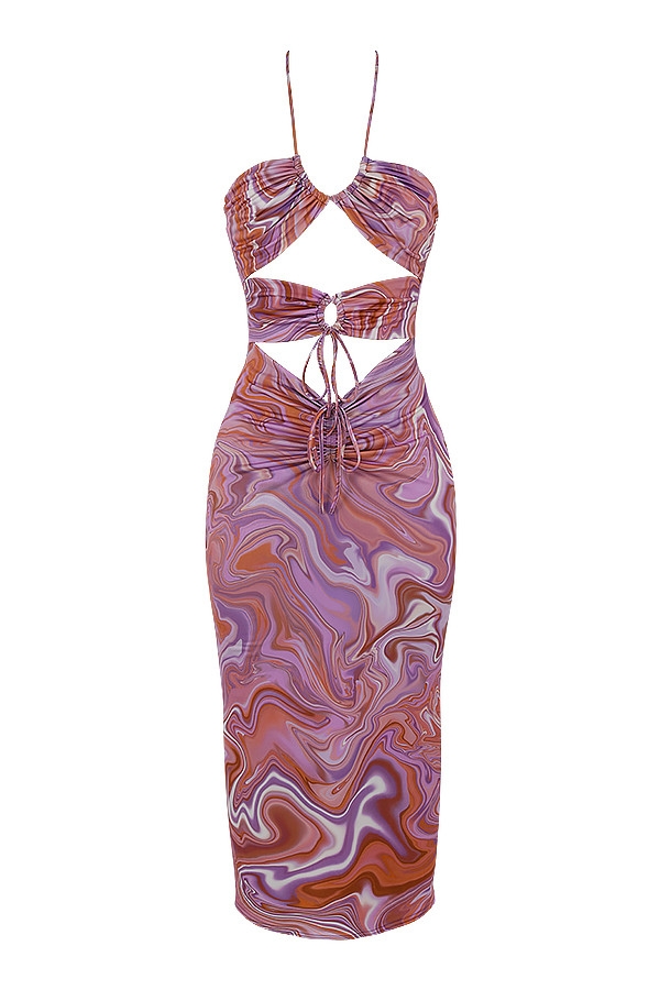lila midikleid mit wirbelmuster und cut-outs