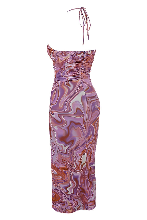 lila midikleid mit wirbelmuster und cut-outs