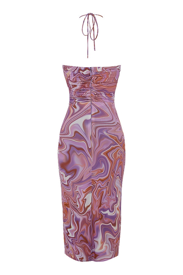 lila midikleid mit wirbelmuster und cut-outs