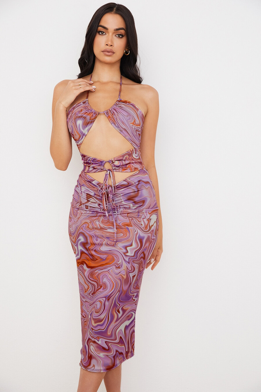 lila midikleid mit wirbelmuster und cut-outs