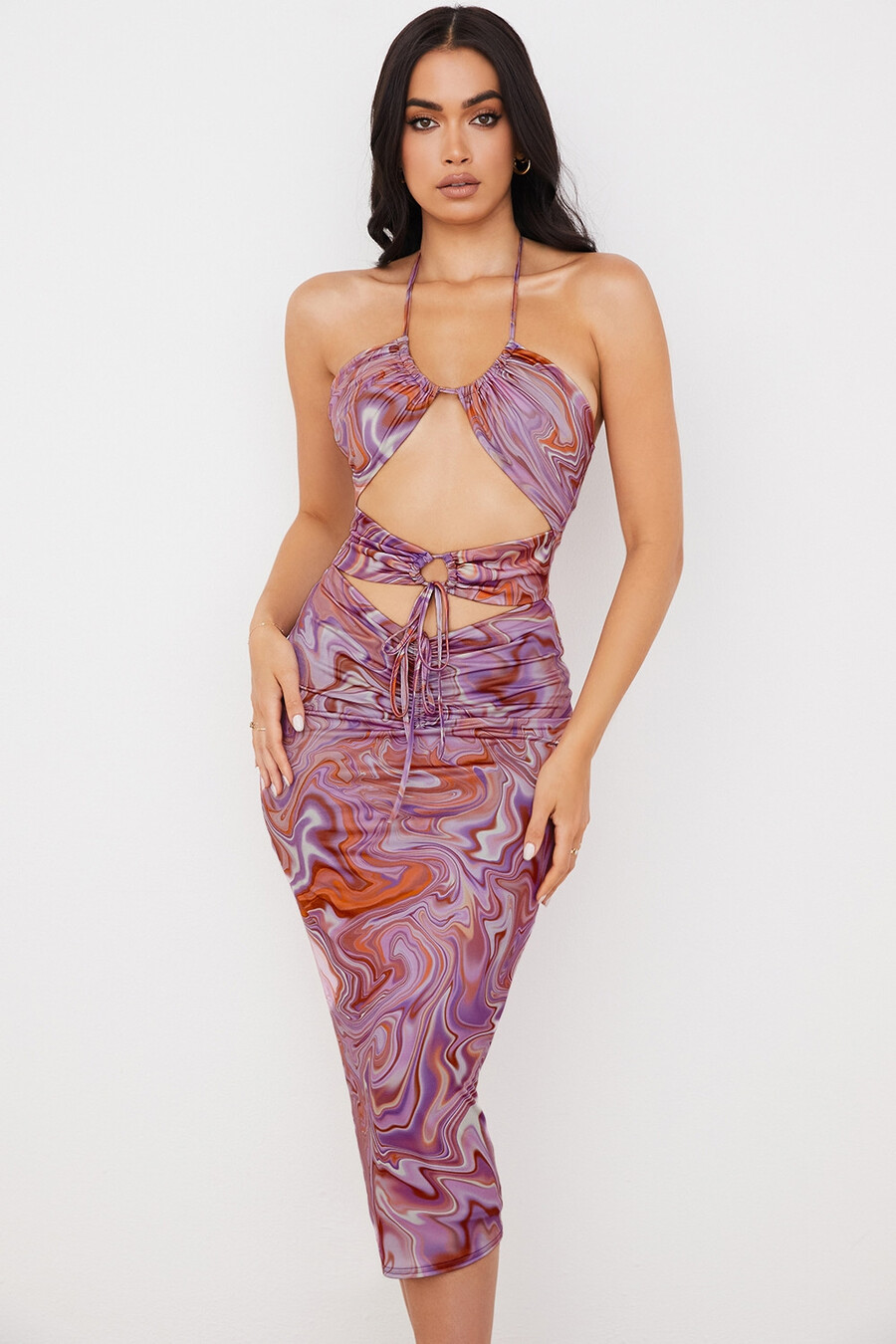 lila midikleid mit wirbelmuster und cut-outs