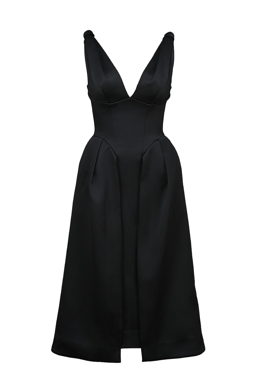 schwarzes satin-midikleid mit gedrehten trägern