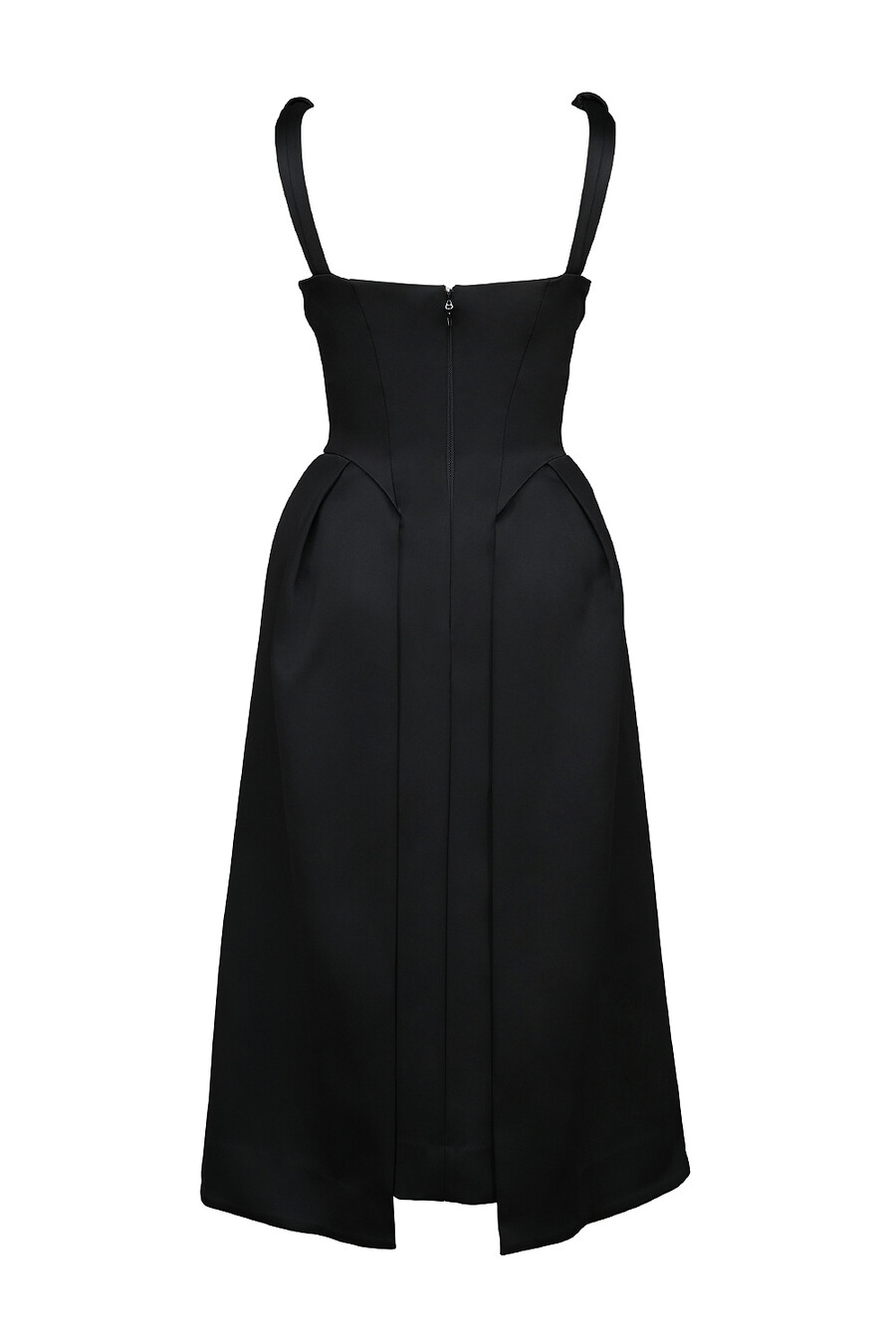 schwarzes satin-midikleid mit gedrehten trägern