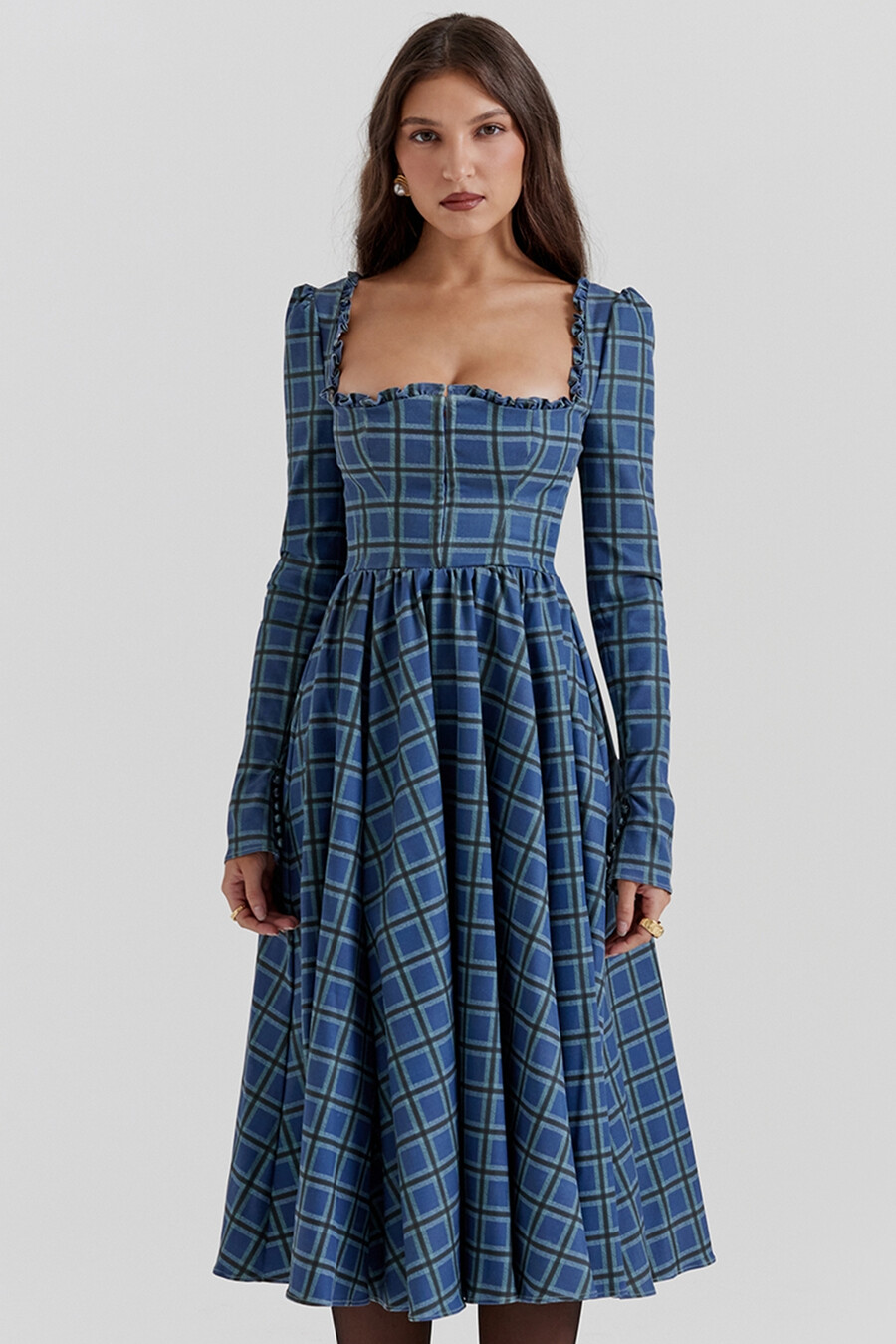 blaues tartan-midikleid