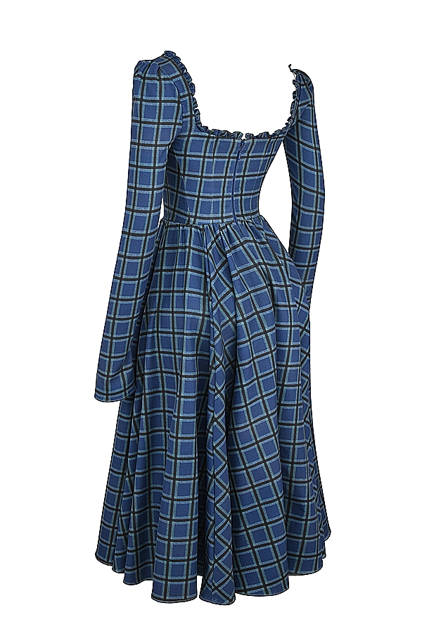 blaues tartan-midikleid