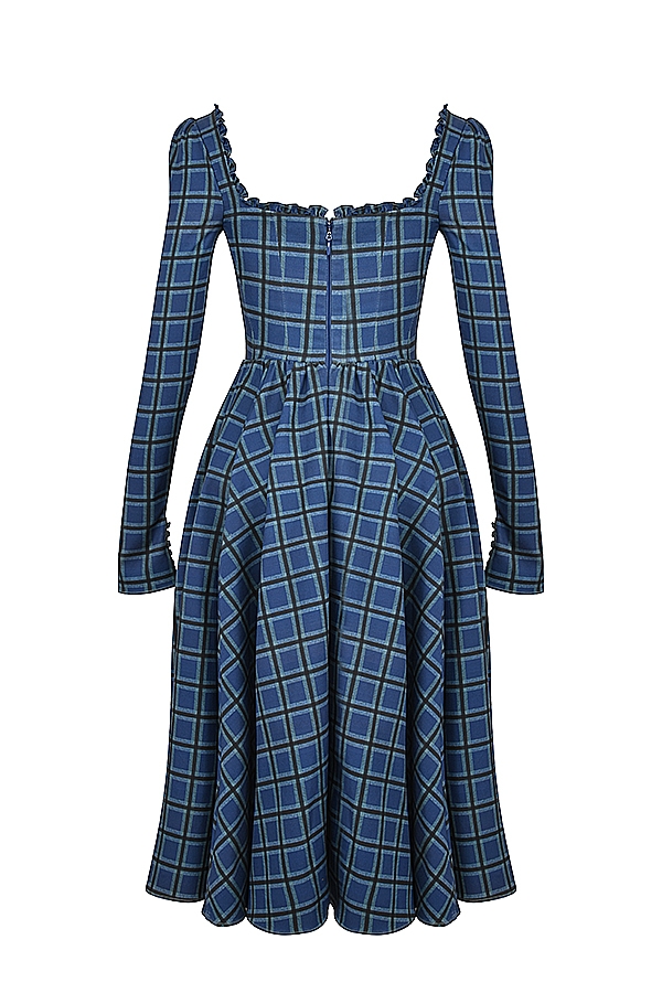 blaues tartan-midikleid