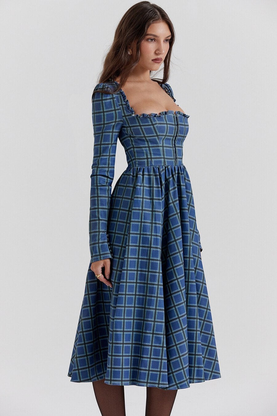 blaues tartan-midikleid