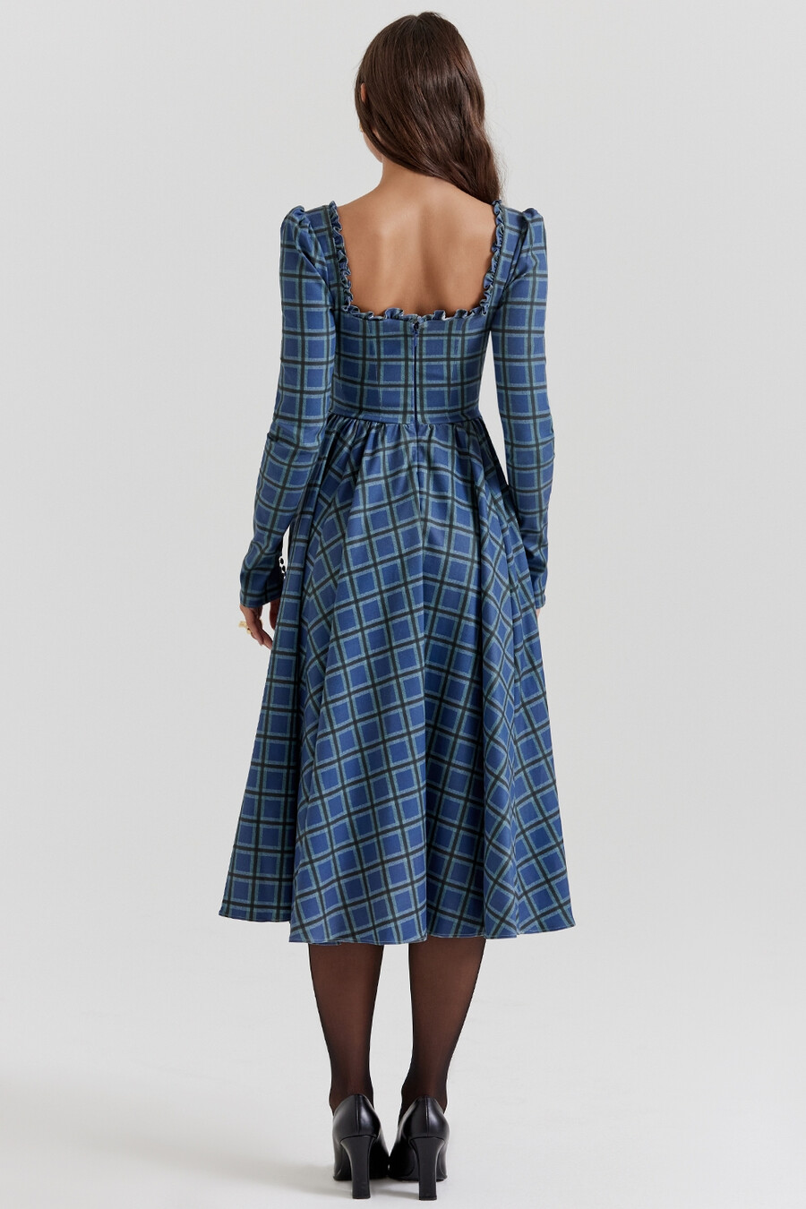 blaues tartan-midikleid