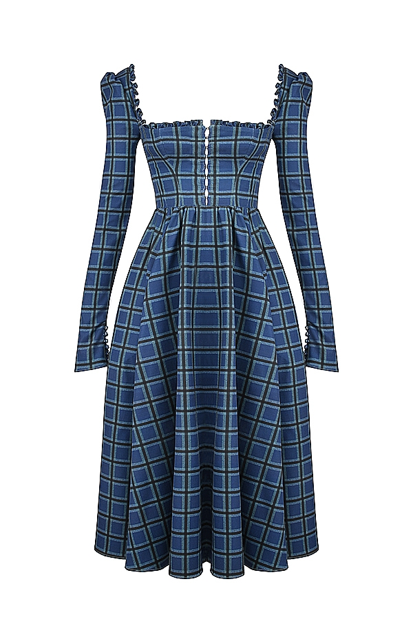 blaues tartan-midikleid