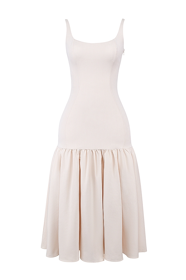 vintage-creme-midikleid mit tiefer taille