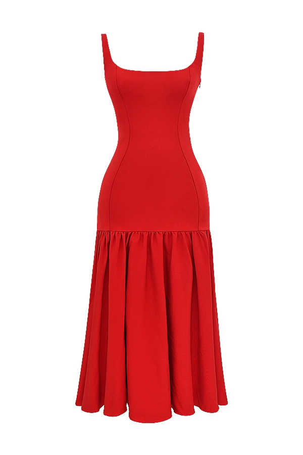 scharlachrotes midikleid mit tiefer taille