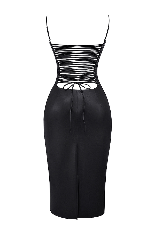 schwarzes kleid aus veganem leder mit schnürung am rücken