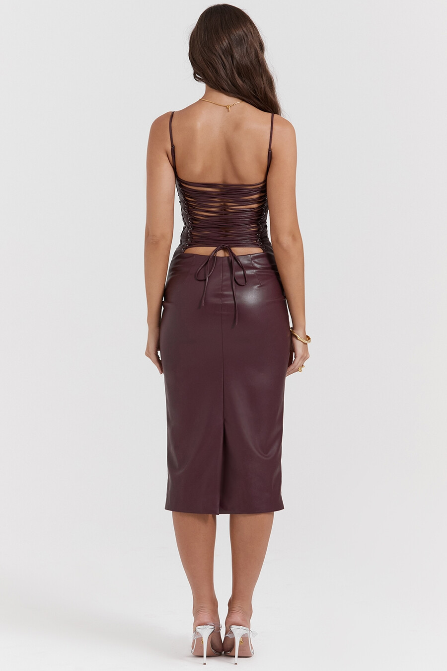 kleid aus veganem mulberry-leder mit spitzenrücken