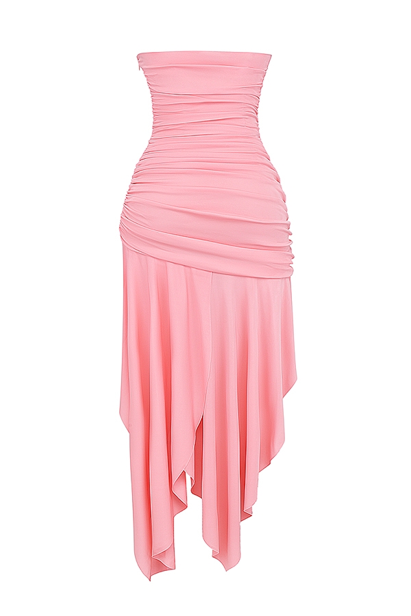 aprikosenfarbenes asymmetrisches kleid mit raffungen