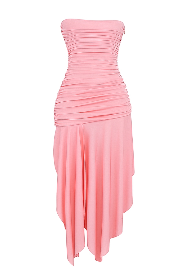 aprikosenfarbenes asymmetrisches kleid mit raffungen