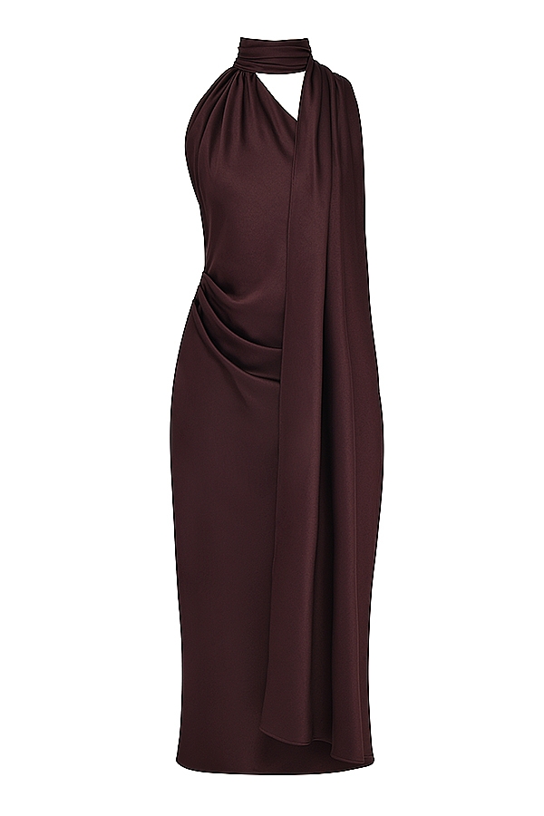 schokoladenbraunes wickelkleid in midi-länge