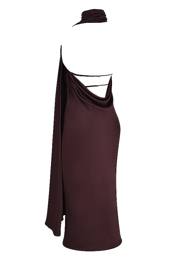 schokoladenbraunes wickelkleid in midi-länge