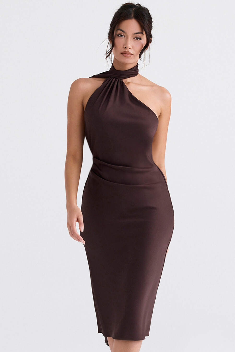 schokoladenbraunes wickelkleid in midi-länge