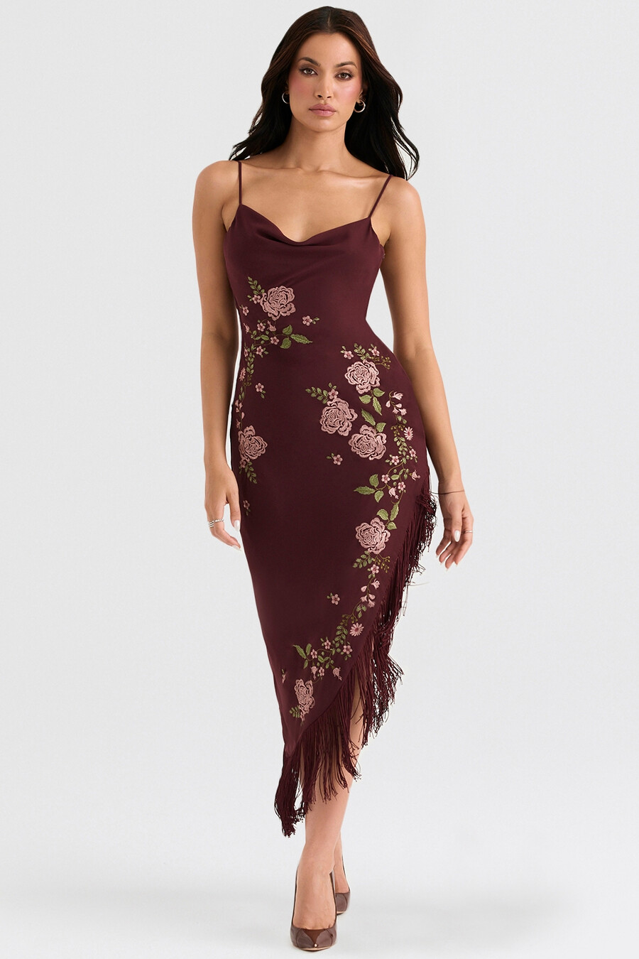weinrotes besticktes midikleid