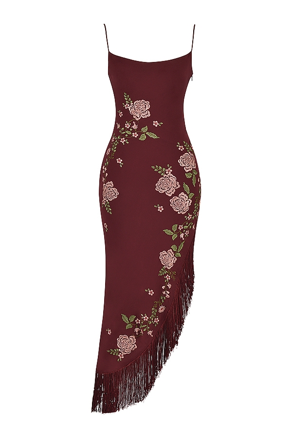 weinrotes besticktes midikleid