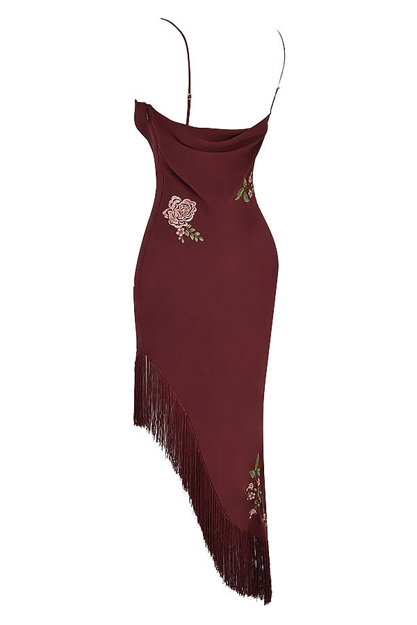 weinrotes besticktes midikleid