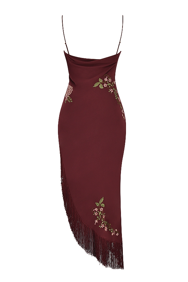 weinrotes besticktes midikleid