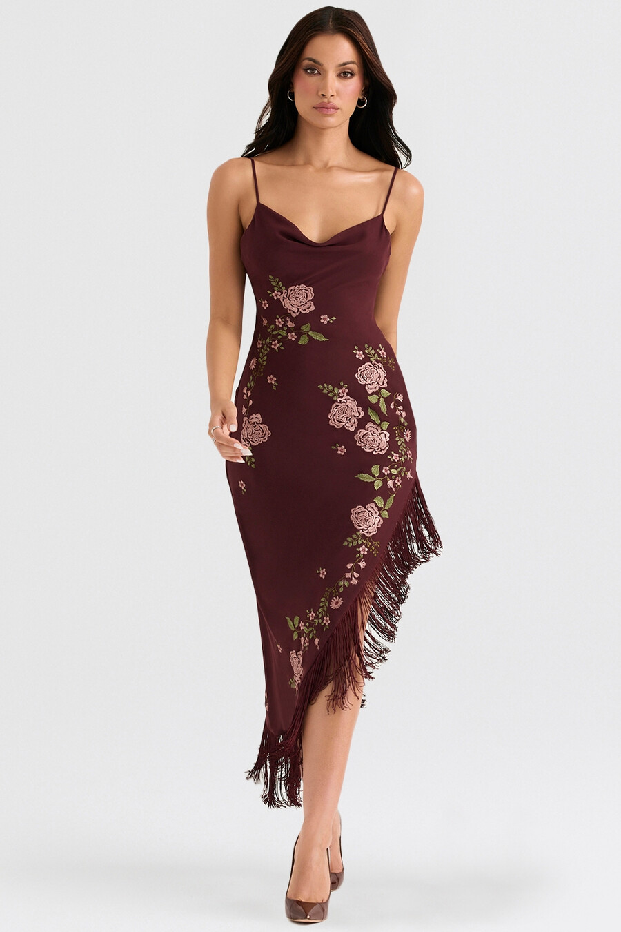 weinrotes besticktes midikleid