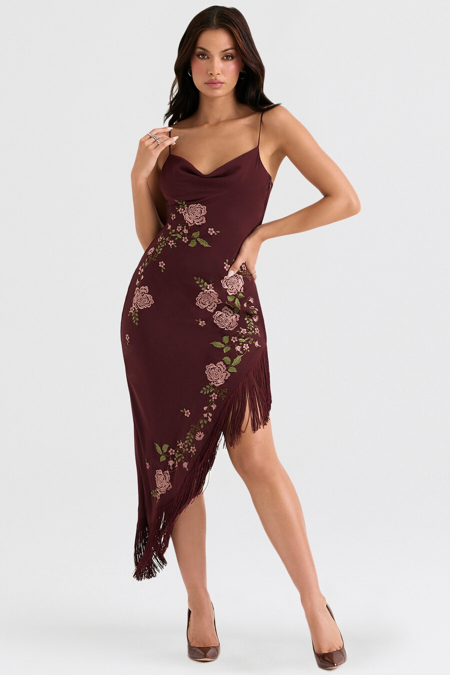 weinrotes besticktes midikleid