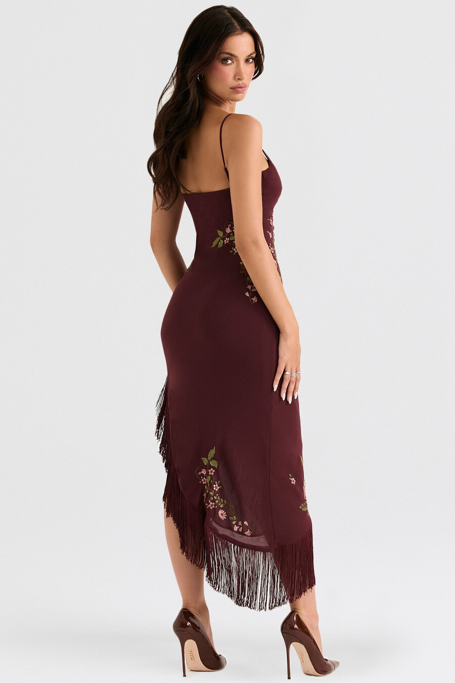 weinrotes besticktes midikleid