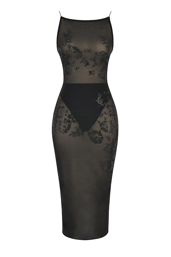 schwarzes mit kristallen verziertes midikleid aus mesh