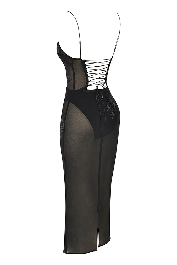 schwarzes mit kristallen verziertes midikleid aus mesh