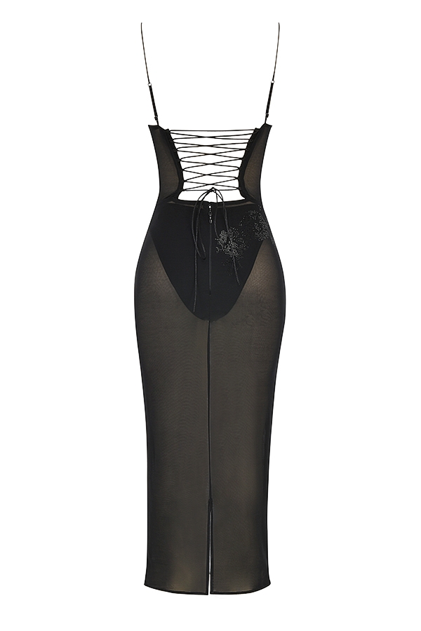 schwarzes mit kristallen verziertes midikleid aus mesh