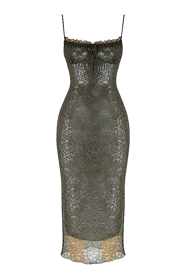 olivgrünes midikleid aus spitze