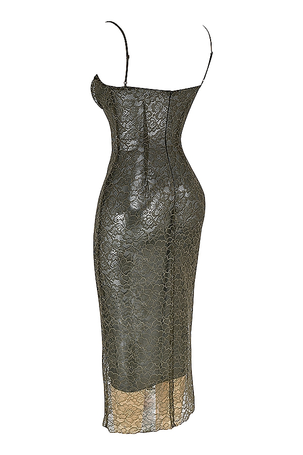 olivgrünes midikleid aus spitze