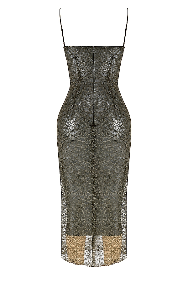 olivgrünes midikleid aus spitze