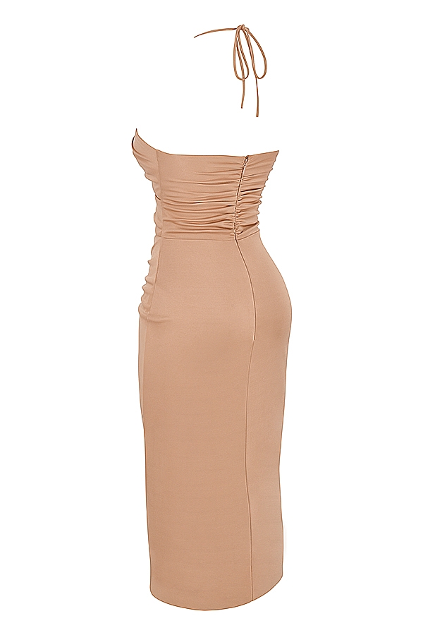 karamellfarbenes midikleid mit cut-outs