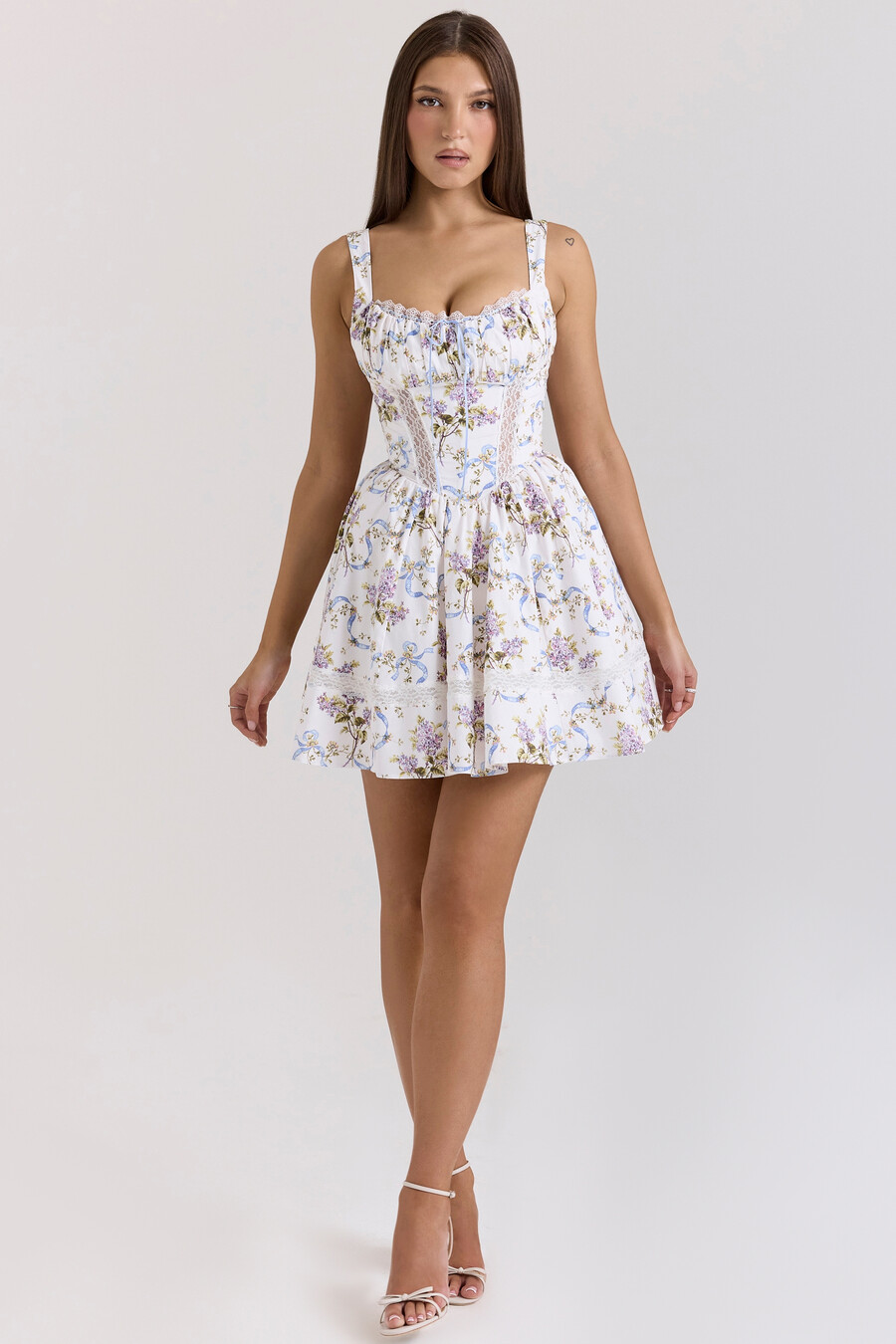 weißes minikleid aus baumwolle mit blumen- und schleifenmuster