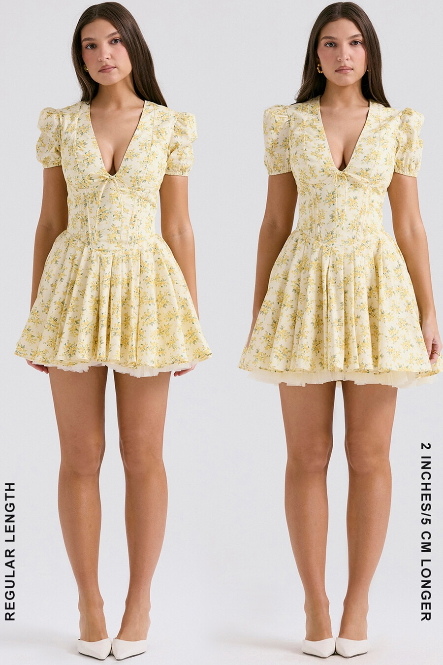 butterblumenfarbenes minikleid aus baumwolle mit vintage-blumenmuster und falten