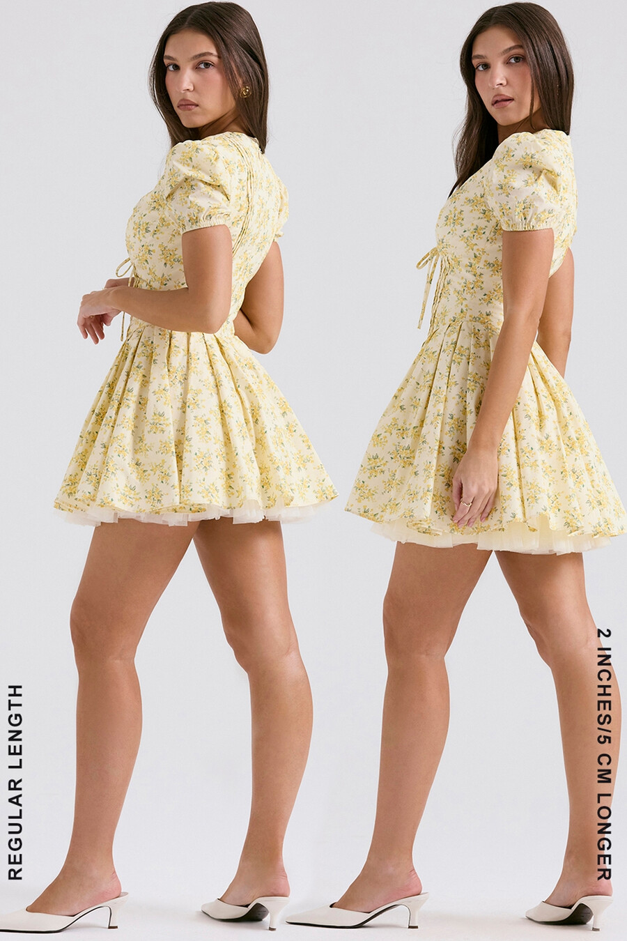 butterblumenfarbenes minikleid aus baumwolle mit vintage-blumenmuster und falten