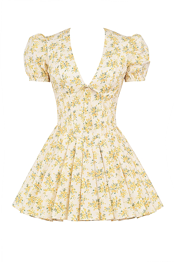 butterblumenfarbenes minikleid aus baumwolle mit vintage-blumenmuster und falten
