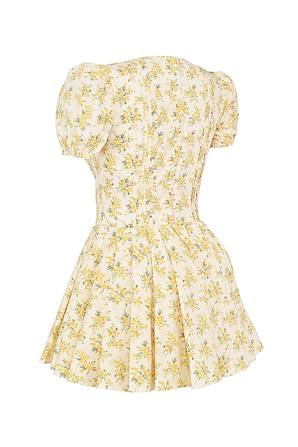 butterblumenfarbenes minikleid aus baumwolle mit vintage-blumenmuster und falten