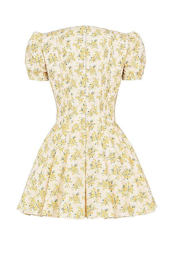 butterblumenfarbenes minikleid aus baumwolle mit vintage-blumenmuster und falten