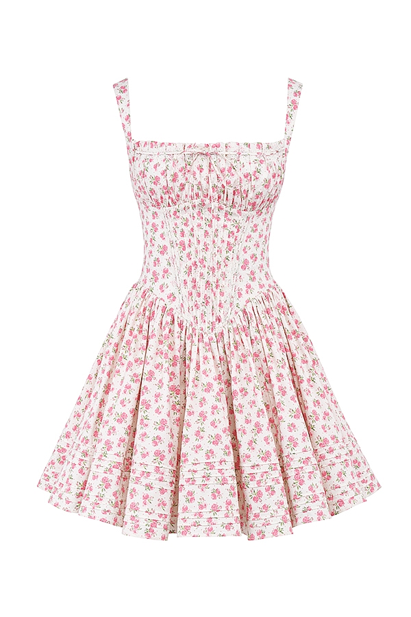 minikleid aus weißer baumwolle mit rosenknospenmuster
