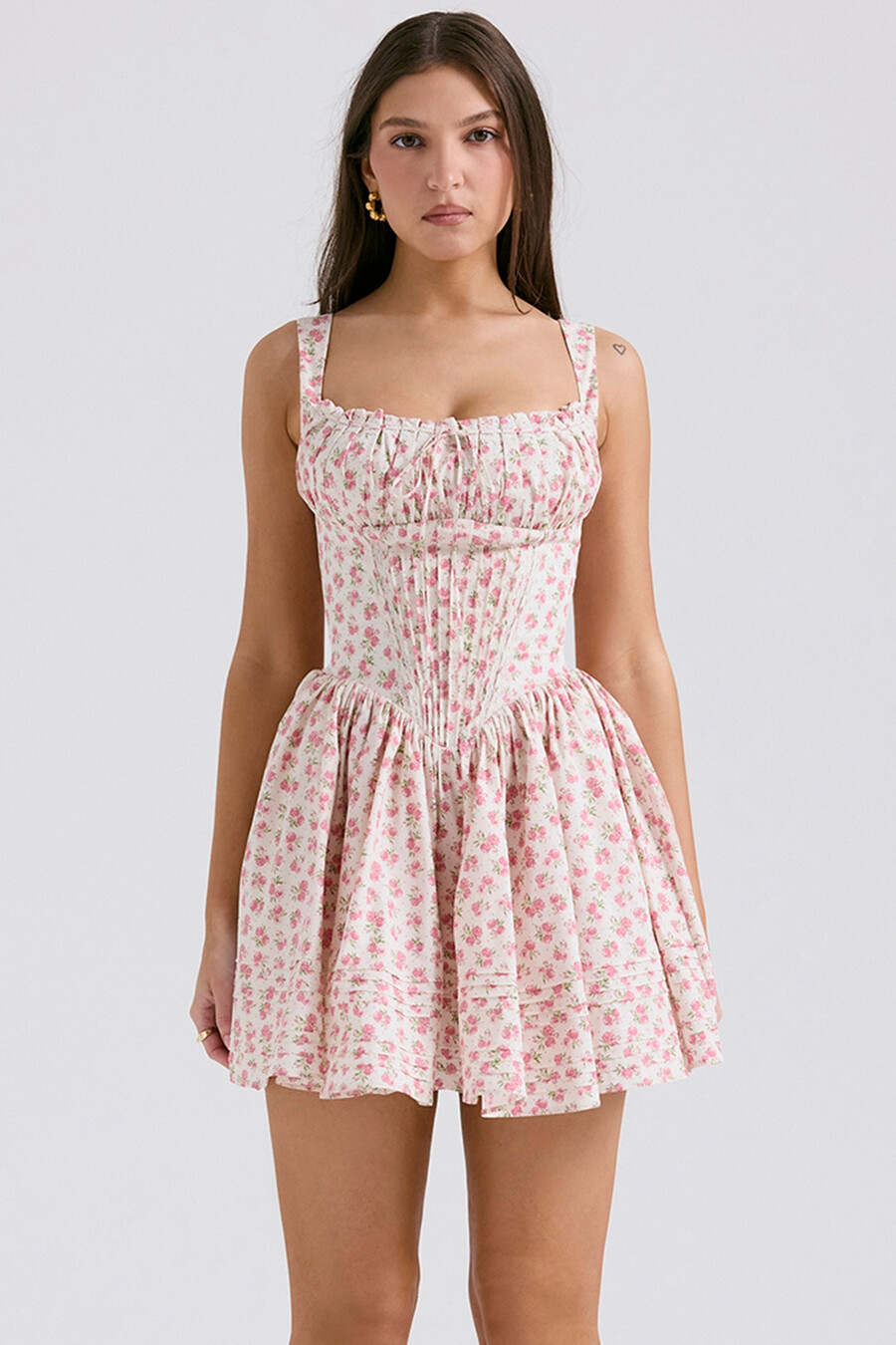 minikleid aus weißer baumwolle mit rosenknospenmuster